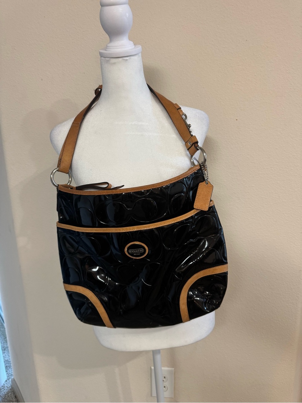 Coach Black Patent Leather Shoulder Bag with Tan Trim
